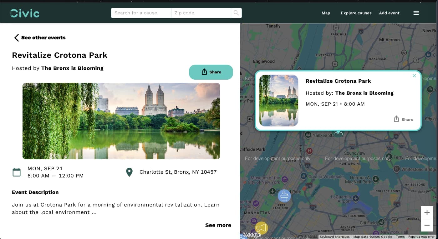 Civic event detail with host, date, location, description, share control, and selected-event map card.