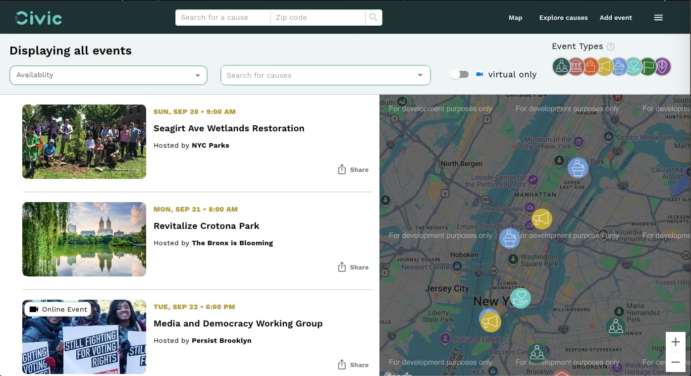 Civic events page showing searchable event cards, filters, and synchronized Google Map markers.