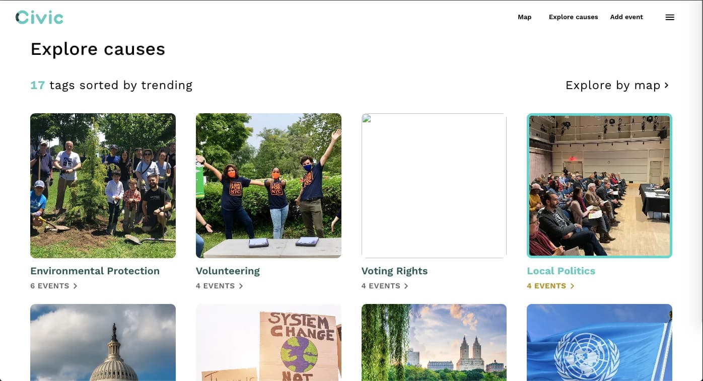 Civic Explore Causes page with image-based cause cards and event counts; one recovered image tile is missing.