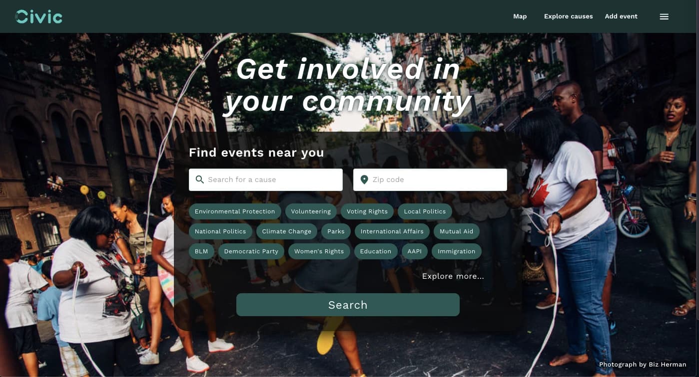 Civic landing page with cause search, ZIP code field, cause chips, and a Search button.
