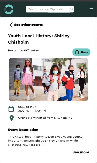 Mobile Civic event-detail page showing event image, date, location, share control, and description.