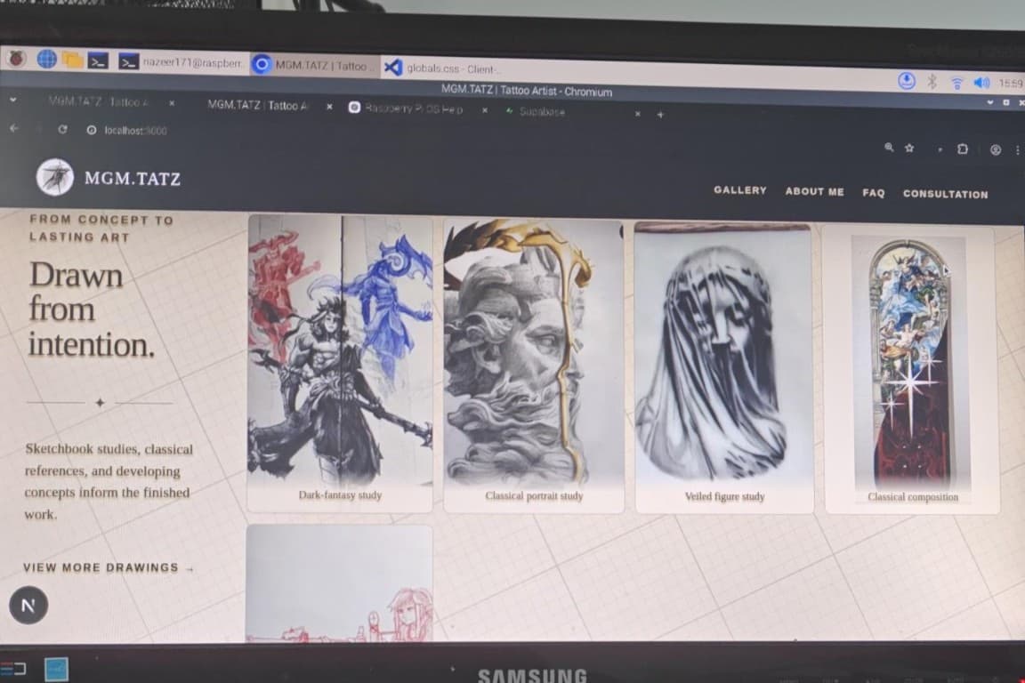 MGM.TATZ Drawings section with an ivory sketchbook surface and illustrated artwork cards.