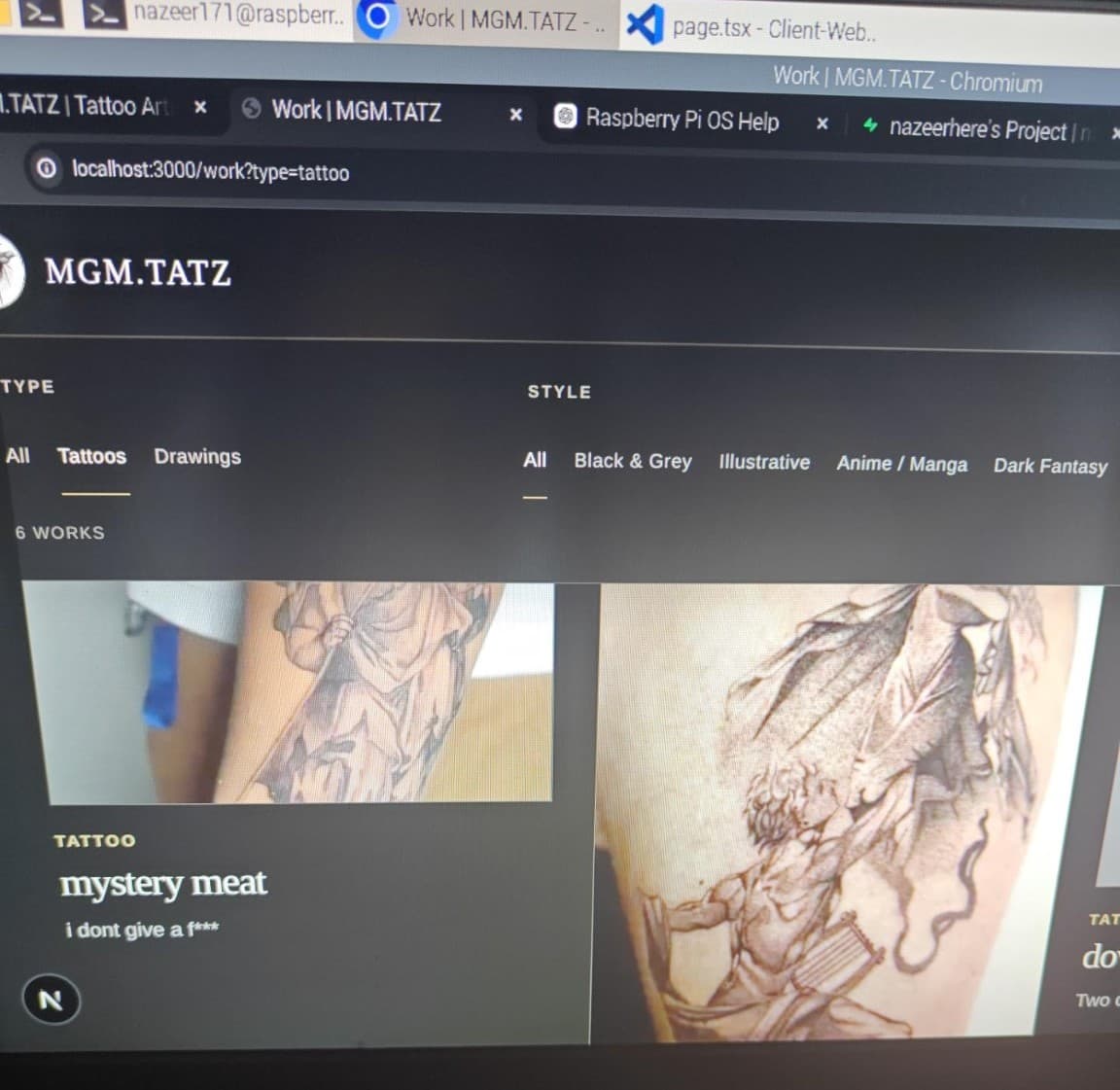 MGM.TATZ Gallery with Type and Style filters above tattoo artwork tiles.