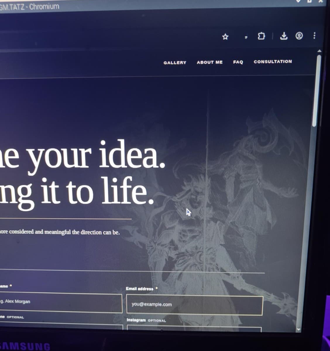 Historical consultation page showing its artwork background and empty name and email form fields.